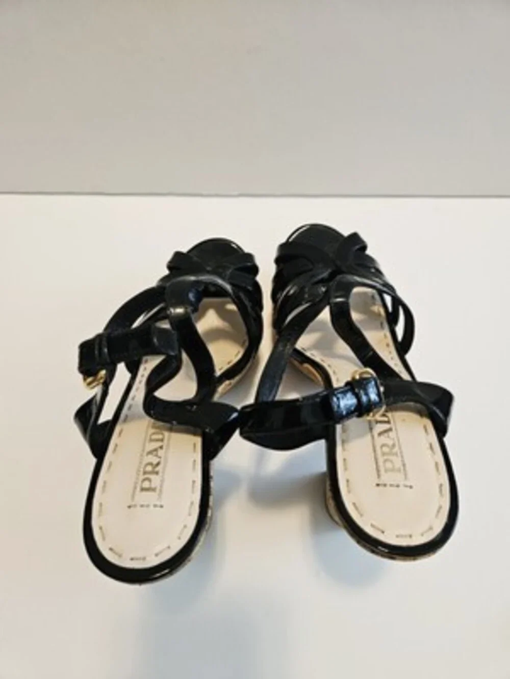 PRADA Milano Black Patent Leather Cork Platform Block US9/UK39 Heels Slingback